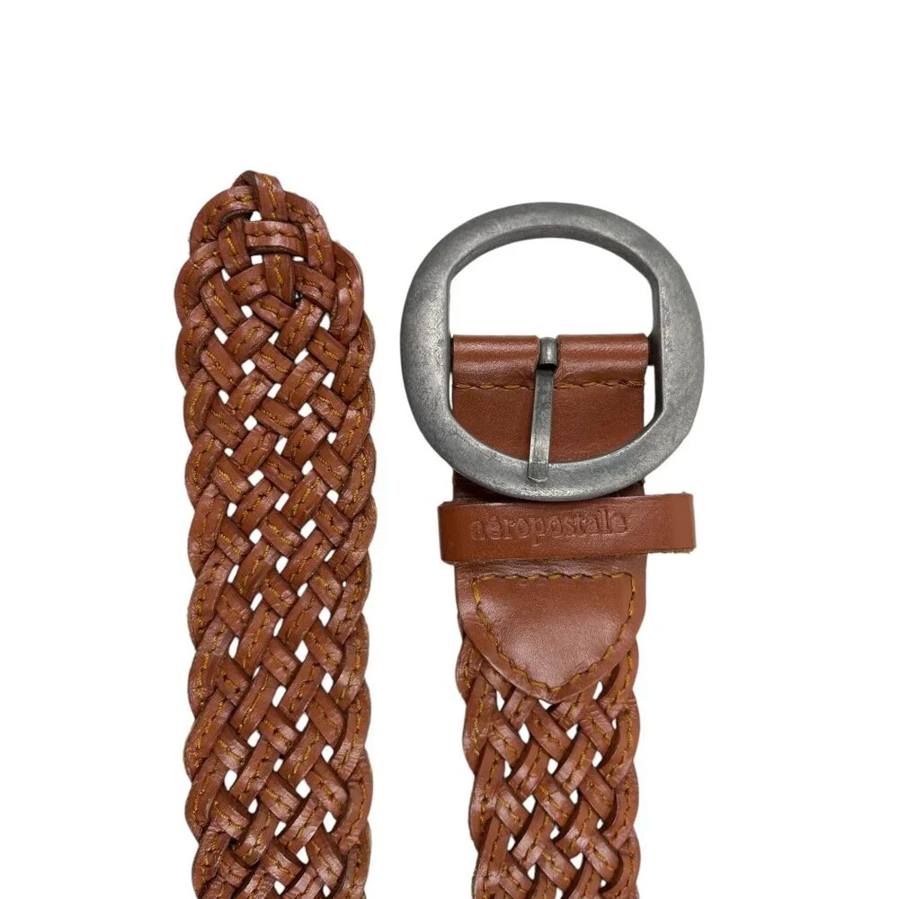 VTG Aeropostale Braided Leather Brown Belt Silvertone Buckle Logo Size Medium